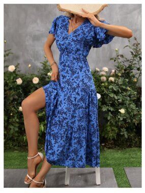 Women's SHEIN Blue Floral Ruffle Sleeve Midi Dress - Size Medium